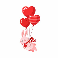 Pink Bunny Flying with Red Heart Balloons Valentine.