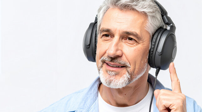 Hombre mayor con auriculares en una prueba de audici&oacute;n, en prevenci&oacute;n de p&eacute;rdida auditiva, sordera, salud auditiva y cuidado auditivo. D&iacute;a Mundial de la Audici&oacute;n
