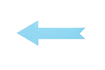 A simple blue arrow pointing left, featuring a distinct triangular tail for direction indication.