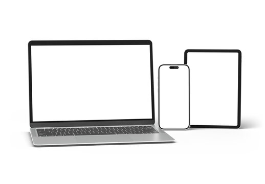 Devices screens isolated on transparent background. Smartphone, tablet and laptop mockup. 3d rendering