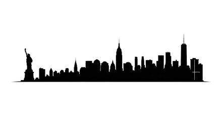 detailed solid black silhouette of the iconic new york city skyline (statue of liberty, empire state building) against a transparent background with copy space below, minimalist concept of urban
