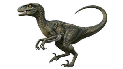Isolated Velociraptor dinosaur, prehistoric reptile with claws and curved tail, side view