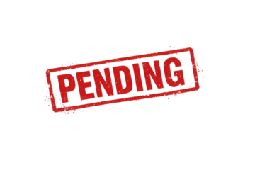 A bold red "PENDING" stamp with a distressed appearance on a black background.