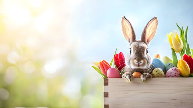 Cute bunny in a wooden box with tulips and Easter eggs against a sunny sky