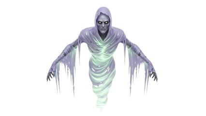 Isolated spectral figure in a tattered cloak casting an eerie glow in a threatening pose