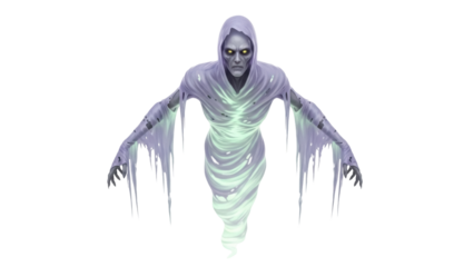 Isolated spectral figure in a tattered cloak casting an eerie glow in a threatening pose