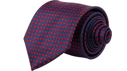 Elegant navy blue tie with charming red heart pattern, perfectly rolled for a stylish look isolated on transparent background