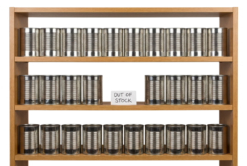 A shelf displaying several rows of metal cans, prominently featuring a sign stating "OUT OF STOCK" in front of the cans.