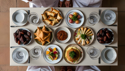 Colorful Food Array: Mixed Dishes Including Bread, Olives, Pastries, and Fresh Fruit on a White Table