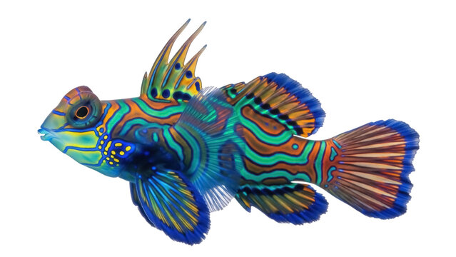Isolated Mandarin Dragonet, brightly colored reef fish with vibrant patterns, marine life