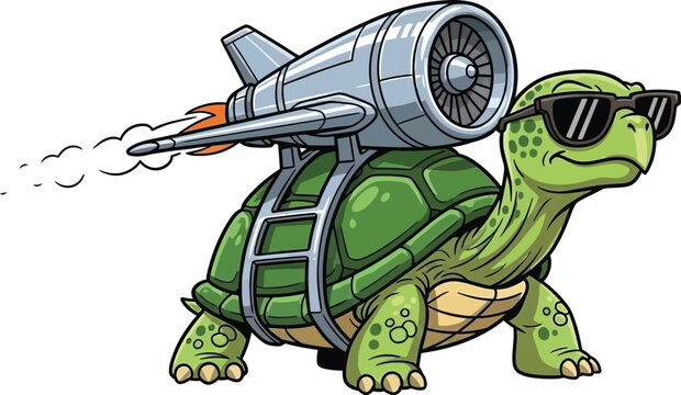 Funny tortoise with sunglasses and jetpack on its back flying with smoke trail and rocket power