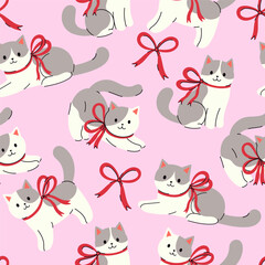 Seamless pattern with white-gray cats and red bows. Vector graphics.
