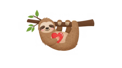 Cute cartoon sloth illustration hanging on a branch holding a red heart with a sweet smile isolated on transparent background