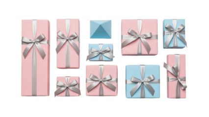 Isolated gift box assortment, pink and blue presents wrapped with silver ribbon for celebration