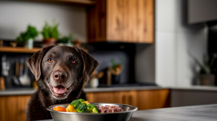 poster of a Labrador Retriever next to a bowl with an advertisement for properly selected ingredients and vitamins for a balanced diet for pets, a copy space about the nutrition of hungry large dogs