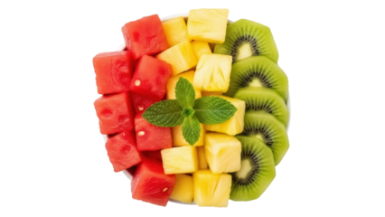 Isolated bowl of fresh fruit salad with watermelon, pineapple, and kiwi slices makes a healthy snack