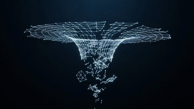 Abstract digital wireframe vortex funneling into fragmented data on a dark background. - Powered by Adobe