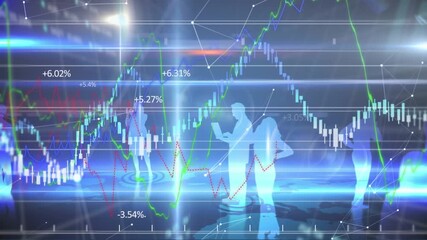 Animation of financial data processing with statistics and business people over grid - Powered by Adobe