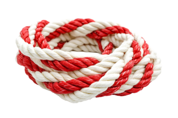 Red and white twisted rope roll coiled cable cord strong nautical connection equipment string object security tool marine knot secure twisted loop texture fiber isolated on transparent background