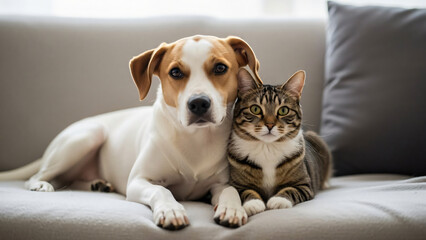 Obraz premium A friendly dog and a tabby cat lying together on a comfortable sofa, looking directly at the camera.