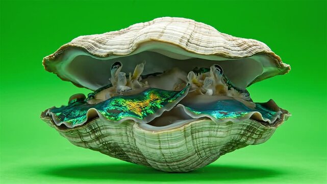 A giant clam with iridescent mantle partially open against a vibrant green background, showcasing its intricate patterns.