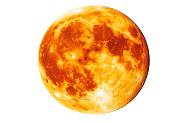 Orange moon planet full lunar sphere with crater details and glowing light for astronomy space universe or halloween night isolated on transparent background
