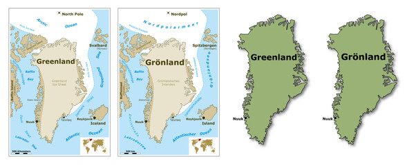 Einfache geografische, topografische Karte und Infografik von Gr&ouml;nland mit dem Nordpol, der Nordwestpassage, Island und Teilen von Kanada