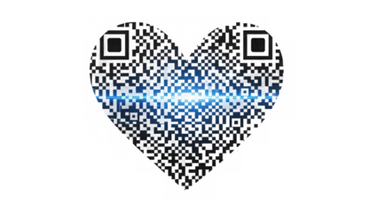 A glowing blue scan line reveals a heart-shaped qr code, symbolizing digital love and connection isolated on transparent background