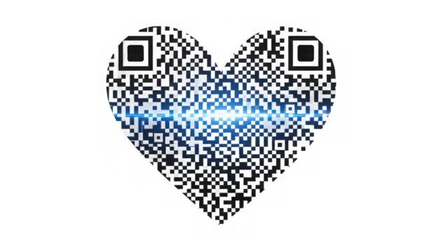 A glowing blue scan line reveals a heart-shaped qr code, symbolizing digital love and connection isolated on transparent background - Powered by Adobe