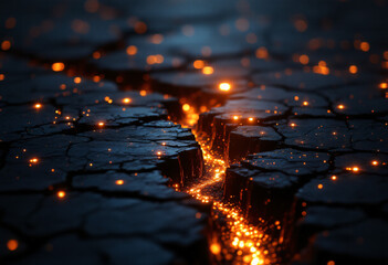 A close-up view of a deep crack in dark ground, glowing with fiery orange light and scattered sparks.