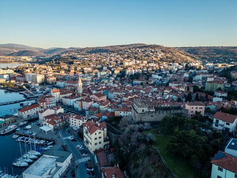 Muggia and its gulf. Historic center seen from above.