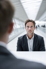 Nervous middle aged businessman facing job interview sitting across recruiter in corporate hallway. Anxious male professional under pressure during career meeting. Portrait