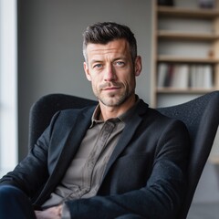 Focused senior male executive advisor sitting in armchair during office consultation. Experienced corporate mental health professional observing with confidence. Portrait