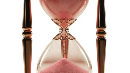 A mesmerizing flow of pink glitter sand inside a beautiful golden framed hourglass isolated on transparent background