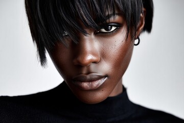 High fashion close up portrait of young Black African female model with deep dark skin tone. Minimal studio fashion beauty portrait with intense gaze and modern styling