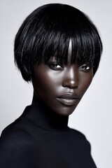 High fashion studio portrait of young Black African female model with deep dark skin tone and short bob haircut. Minimal modern beauty portrait with calm confident expression