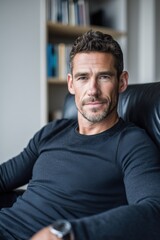 Fototapeta premium Serious mature male therapist psychologist sitting in leather chair at office workspace. Experienced mid adult mental health consultant or executive coach looking directly at camera. Portrait