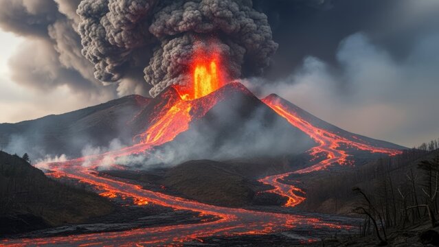 Powerful volcanic eruption with red hot lava flowing down the mountain, glowing molten magma and rising ash clouds, representing intense pyroclastic destruction.