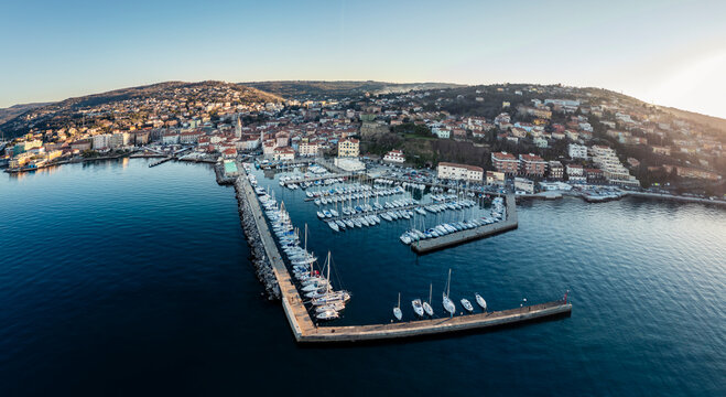 Muggia and its gulf. Historic center seen from above.