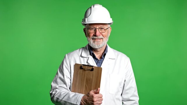 Senior Engineer with a Vision: A seasoned engineer, adorned in a protective helmet and crisp lab coat, exudes confidence as he holds a clipboard, embodying expertise in his field.