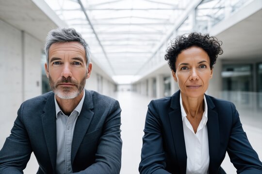 Serious executive interview panel with mature male and female managers sitting across candidate. Professional business leaders conducting corporate job assessment meeting. Portrait - Powered by Adobe