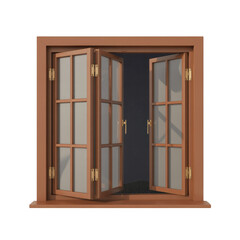Obraz premium Open wooden window with glass panes open window architecture isolated on a transparent background
