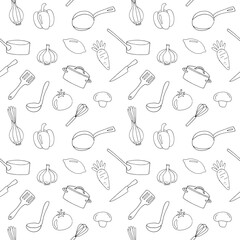 Seamless Hand Drawn Cooking Pattern with Vegetables and Kitchen Utensils
