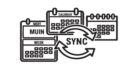 Calendar synchronization vector icon, month, week, day view with sync arrows, outline and filled style, isolated on transparent background