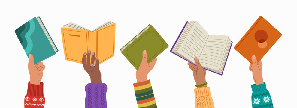 Diverse hands holding open and closed books. Concept of reading, learning and shared knowledge. Hand drawn vector illustration isolated on white background, flat cartoon style.