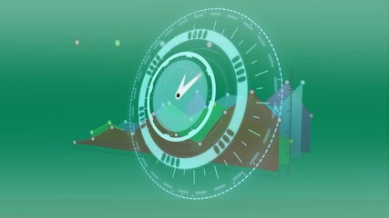 Neon ticking clock over round scanner and statistical data processing against green background - Powered by Adobe