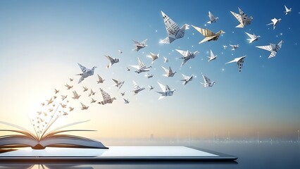 Luminous Origami Birds Flying Free from Open Book, Symbolizing Unrestricted Information and Press Freedom