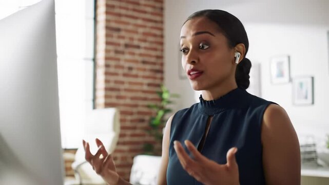 Diverse professional woman in business-casual top & headphones, gesturing at minimalist desk in a contemporary office, conveying leadership, online collaboration concept