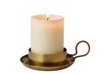 White candle in gold holder lit candle brass decorative isolated on a transparent background