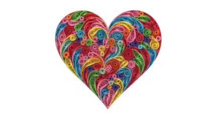 A vibrant quilled heart design showcasing intricate paper art and colorful swirls isolated on transparent background